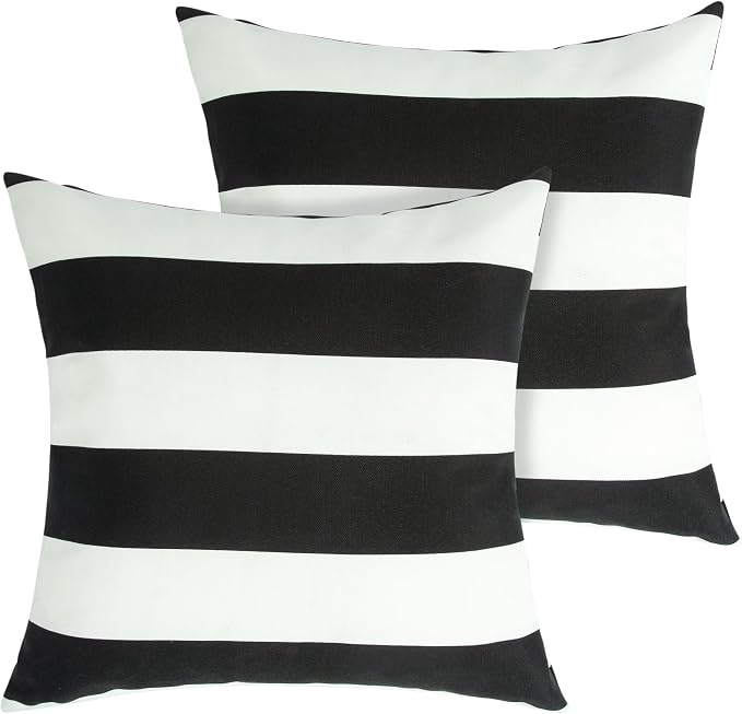 Throw Pillow with Insert, Set of 2, Outdoor Indoor Waterproof Decorative Patio Throw Pillow 18x18 Inch, Square Cushion for Couch Sofa Garden Farmhouse Decoration-Black White Stripe