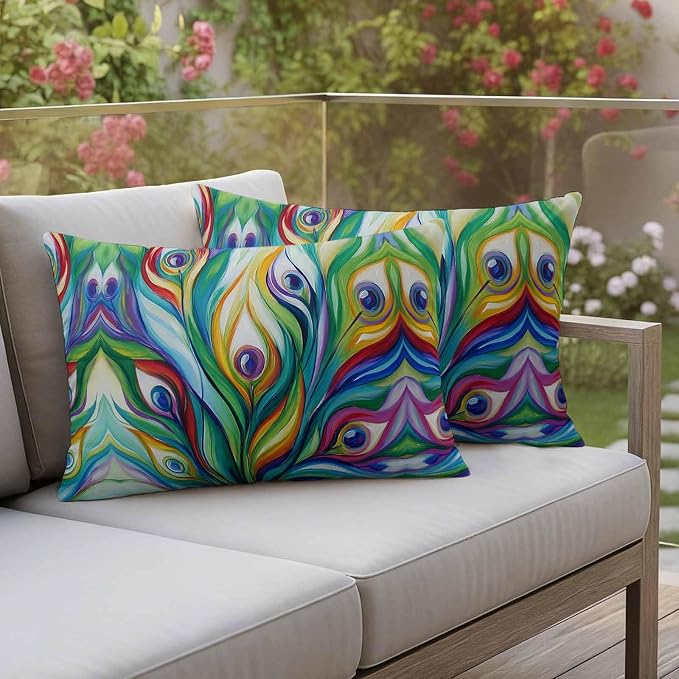 Outdoor Waterproof Pillow Covers 20x12Inch Peacock Feathers Colorful Gradient Throw Pillowcases for Patio Garden Couch Sofa Vibrant Abstract Art Decorative Cushin Case,Pack of 2