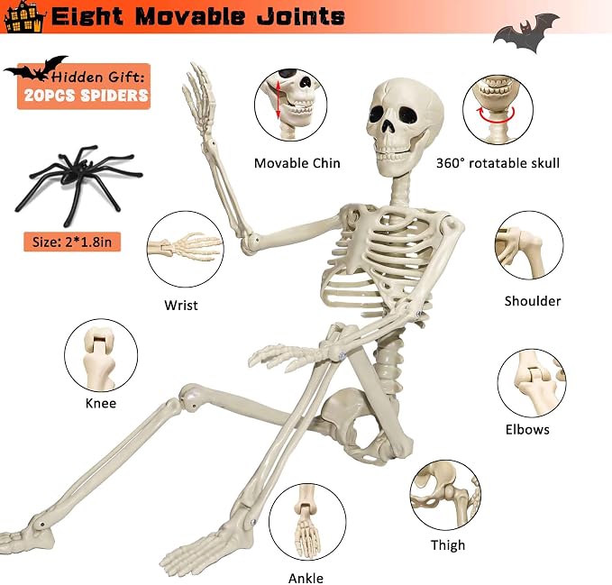 36" Skeleton Halloween Decorations, 3ft Life Size Human Skeleton with Full Body Movable Posable Joints Skeleton, Halloween Skeletons with 20 Spiders for Yard Haunted House Props Indoor Outdoor Decor