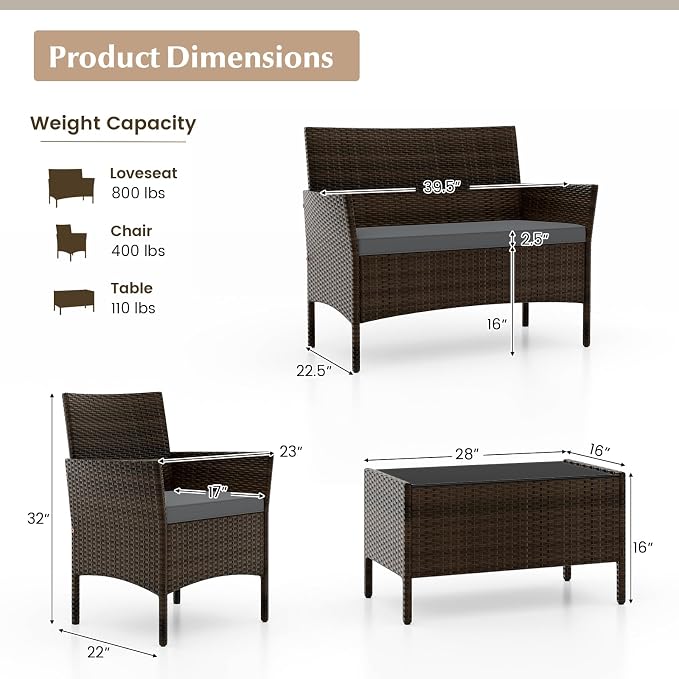 KOTEK 4 Piece Patio Furniture Set, Outdoor Rattan Conversation Set with Loveseat, Wicker Chairs, Tempered Glass Coffee Table, Wicker Patio Set for Backyard, Porch (Grey)