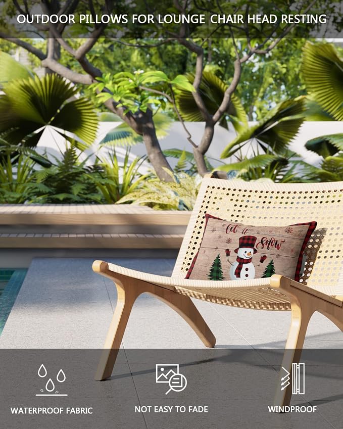Outdoor Pillows Covers with Inserts Christmas Sowman Vintage Wood Grain Waterproof Recliner Pillow with Adjustable Strap Throw Pillows for Patio Furniture Pool Lounge Chair, 11x16 inch, 1PCS