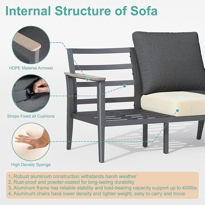 Aluminum Outdoor Patio Furniture Set with Swivel Rocking Chairs 9-Seat, Patio Sectional Sofa Patio Conversation Set with 55,000 BTU Fire Pit Table High Backrest & Thickened Cushions, Dark Grey