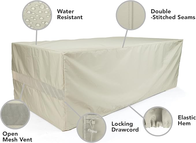 Covermates Elite Outdoor Rectangular Dining Table Cover – All-Weather Water-Resistant Polyester, Mesh Ventilation, Drawcord & Buckle Straps for Patio Furniture, Full Table 104W x 38D x 30H, Khaki