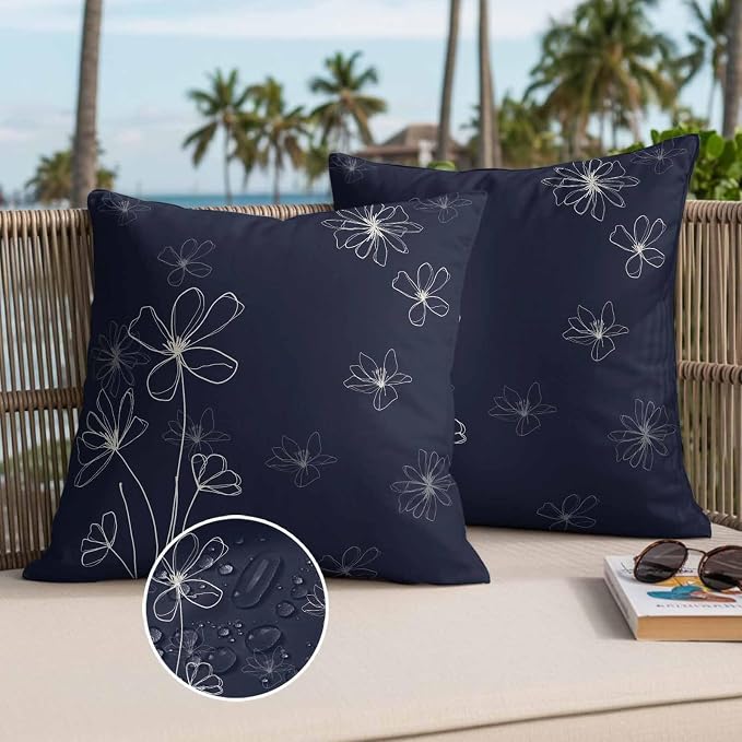 Throw Pillow Covers 18x18 Inch Set of 2, Navy Blue Waterproof Outdoor Pillow Covers, Spring Flora Decorative Cushion Pillowcases for Couch, Sofa, Bed, Garden, Patio
