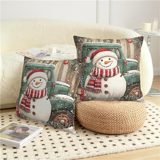 Christmas Snowman Pillow Covers 16x16 Set of 2 Green Xmas Truck Throw Pillow Covers Wooden Pattern Background Pillowcase Winter Holiday Cushion Case for Living Room Sofa Couch