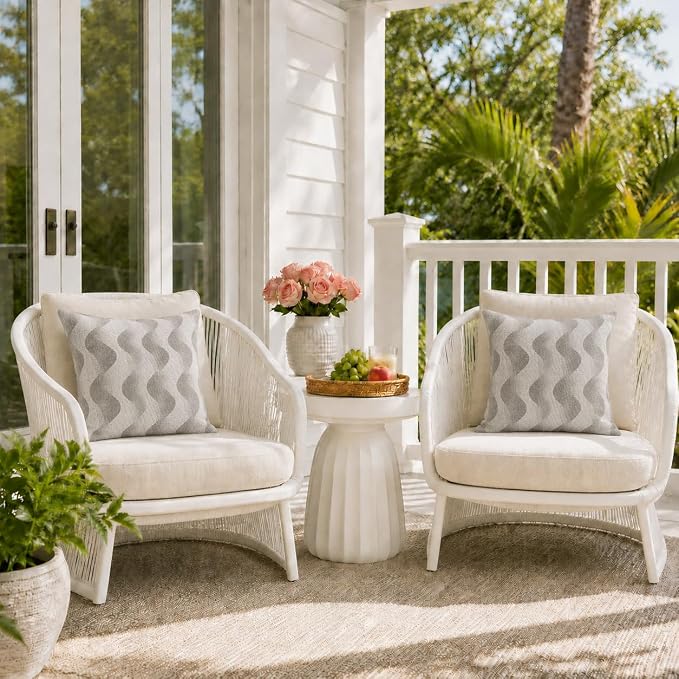 Outdoor Pillow Covers Waterproof Throw Pillow Covers, Set of 2 Jacquard Texture Water Resistant Fade Resistant Decorative Cushion Covers for Garden Patio Bench Couch Sofa, 18x18 Inch (Wave Gray)