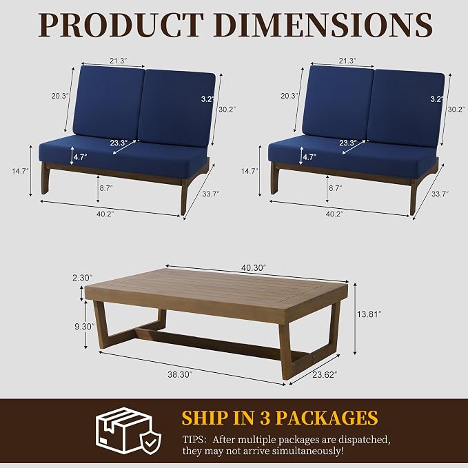 All Weather Wood Patio Furniture Sets, 3 Pieces Patio Loveseat Sofa Outdoor Sectional Futniture Backyard Conversation Set with Solid Wooden Coffee Table - Navy Blue