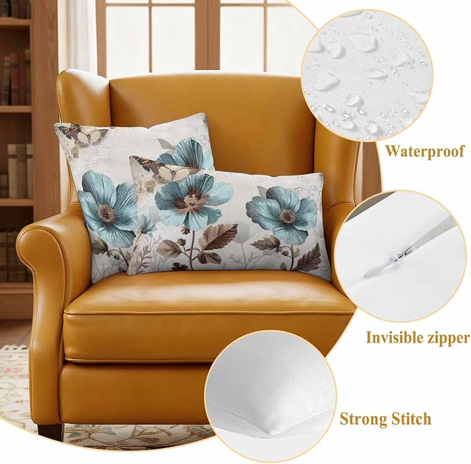 Teal Blue Floral Waterproof Outdoor Pillow Covers 20''x20'' Set of 2, Vintage Brown Flowers Butterfly Plant Patio Furniture Cushion Covers for Chairs, Decorative Pillow Cases for Garden/Pool/Beach