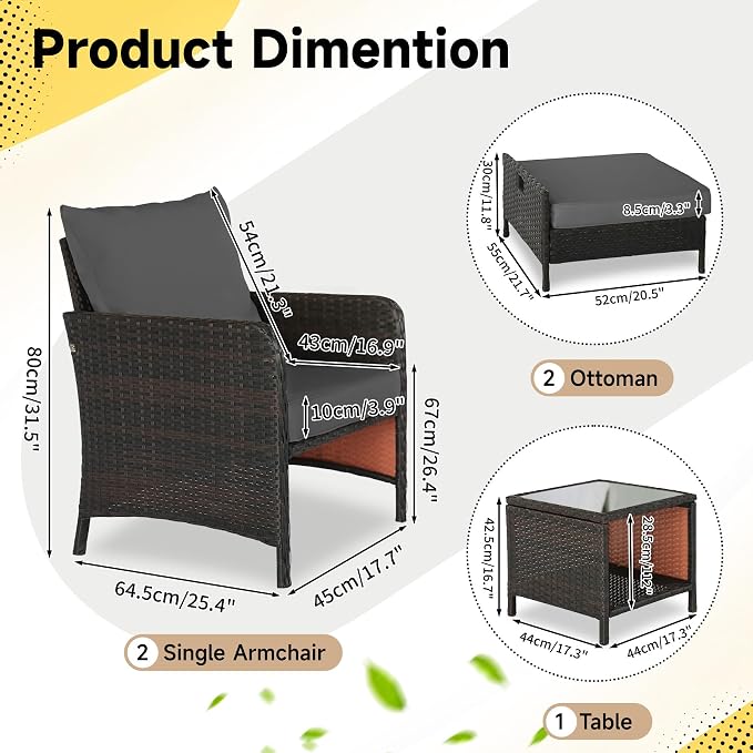 YLGJ&TIDY 5 Pieces Patio Furniture Set, Rattan Outdoor Lounge Chairs with Soft Cushions,Outdoor Wicker Patio Conversation Set with Hidden Ottoman and Coffee Table for Porch, Garden, Backyard (Gray)
