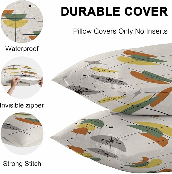 Vandarllin Outdoor Throw Pillows Covers 18x18 inch Set of 2 Waterproof Boho Mid Century Decorative Zippered Cushion Covers for Patio Furniture, Sage Green Yellow Geometric Abstract Lumbar Pillowcases