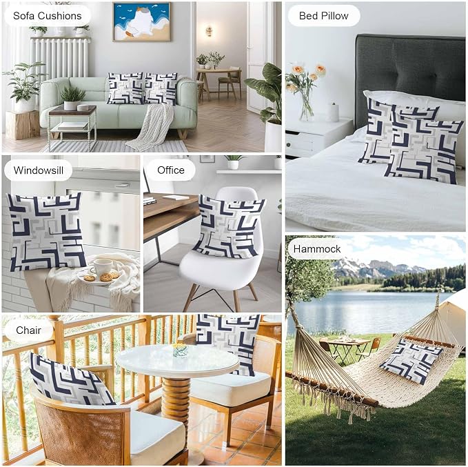 Vandarllin Outdoor Throw Pillows Covers 24x24 inch Set of 2 Waterproof Navy Blue Geometric Stripes Decorative Zippered Cushion Covers for Patio Furniture, Modern Abstract Lines Lumbar Pillowcases