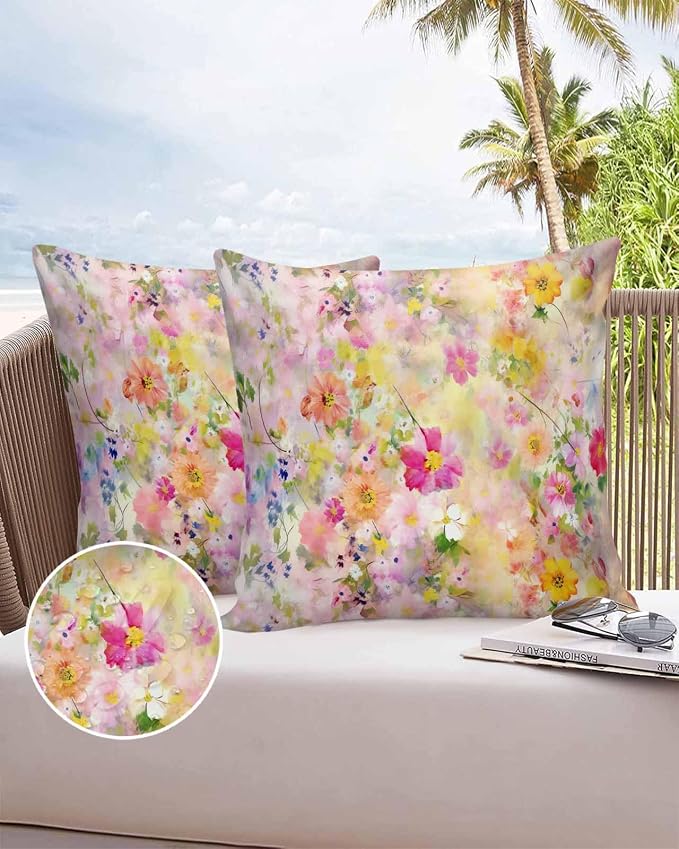 Abstract Outdoor Throw Pillow Covers Pack of 2, Spring Oil Painting Botanical Colorful Flowers Waterproof Pillow Covers Pillowcase for Outside Furniture Bench Patio Garden Decorative, 20"x20"