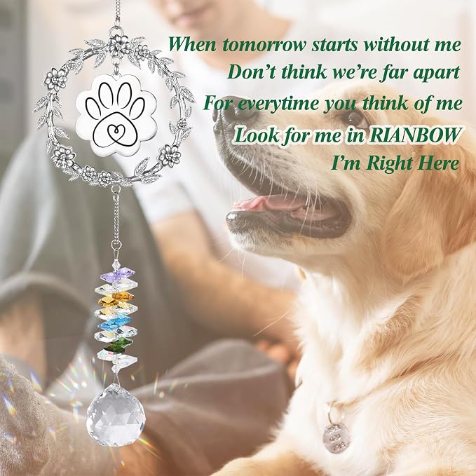 VIVIKEN Dog Memorial Sun Catcher, Paw Print Sympathy Gift for Dogs Lovers | Crystal Suncatcher Remembrance for Grieving Owners, Rainbow Maker Hanging Present for Dog Pet Loss