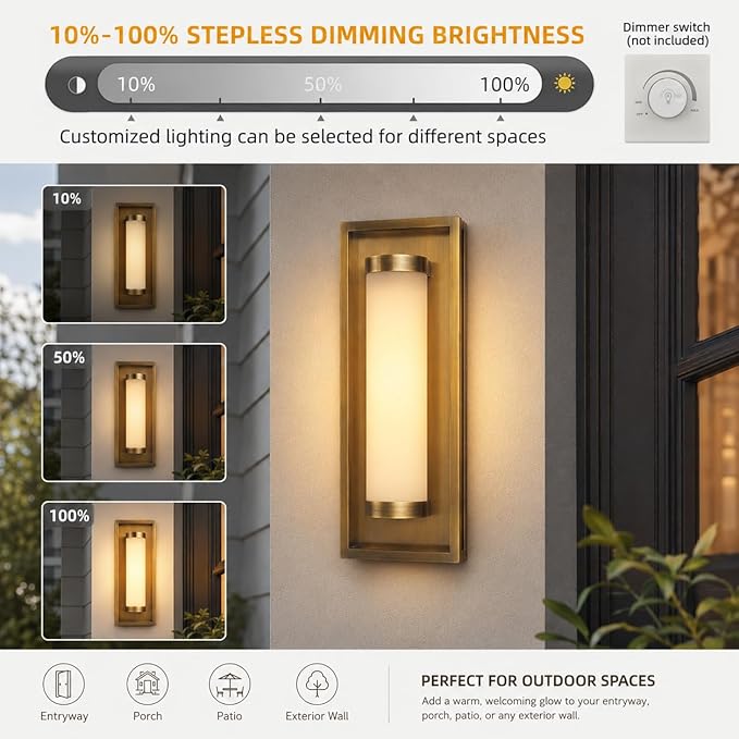 Hyunbae Mid Century Modern Outdoor Wall Sconce, Brushed Antique Brass | 15W Integrated Dimmable LED, 3000K Warm White, For House Patio Porch Garage Entryway Doorway, 16" Exterior Light