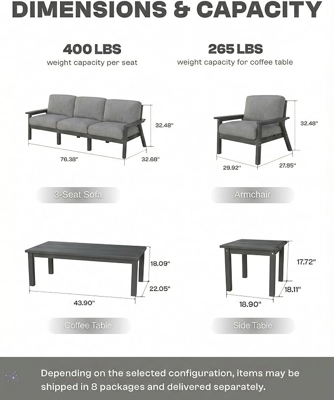 7 Piece HDPE Outdoor Furniture Set with Gray Cushions (Gray Frame) | All-Weather HDPE, Modular Design, Extra-Deep Seating, Thick Cushions, Ideal for Backyard, Deck & Porch