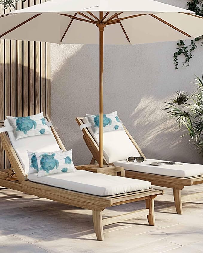 Ocean Coastal Beach Teal Sea Turtle Outdoor Head Pillows for Recliner Chair,Pack of 1 Waterproof Throw Pillow Cushion Cases with Insert&Elastic Strap,Farm Rustic Wooden Plank Pillow for Patio Beach