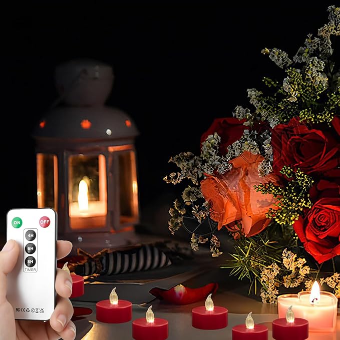 Hanzim Tea Light Candles with Remote Control,Flickering Flameless LED Candle,Long Lasting 400+Hours,Battery Operated with Timer for Home Decoration Seasonal &Festival Celebration Red (24pcs)