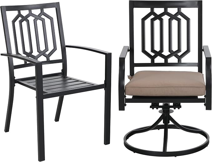 SUNSHINE VALLEY Patio Dining Set,60x38 Outdoor Table w/Umbrella Hole | Outdoor Table and Chairs Set w/ Umbrella Hole, 2 Leg Chairs, 2 Swivel Chairs, 1 Metal Table and 1 Cushioned Bench