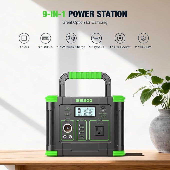 Portable Power Station 330W Solar Generator 288.6Wh, 60W USB-C PD Fast Charging, Pure Sine Wave AC Outlet, 5W Wireless Charger, LED for RV Camping, CPAP Emergency Backup & Off-Grid Living (Peak 600W)