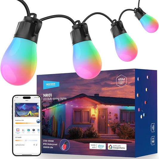 NEEWER 144ft Outdoor String Lights, App Control Smart AI RGB IC W Patio Balcony Backyard Outside Hanging Lighting, IP65 Waterproof, 45 LED Bulbs, 50+ Scenes, Compatible with Alexa Google, NR01