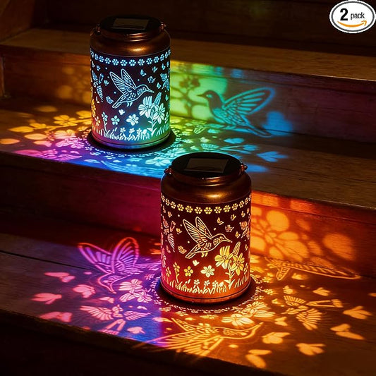 2 Pack Waterproof Hummingbird Solar Lantern Outdoor Hanging Garden Light | Colorful LED metal Hummingbird lantern; durable, waterproof outdoor decor perfect for patio, yard, or as a gift for women