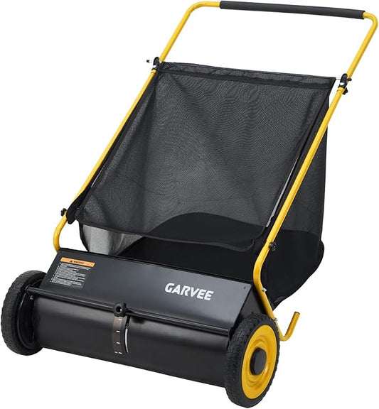 Garvee Push Lawn Sweeper, 26 in Leaf & Grass Collector with 7 Cu. ft. Hopper Bag, 4 Spinning PP Brushes, Durable Steel Construction, Adjustable Height & Rubber Tires for Leaves Grass Cleanup
