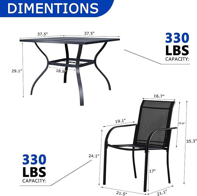 5-Piece Outdoor Dining Set, Square Metal Table with Black Chairs, Black Patio Table with Umbrella Hole for Garden, Yard, Patio