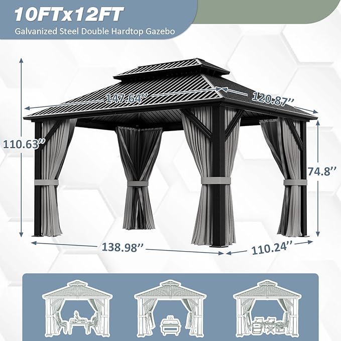 10'x12' Gazebo Hardtop Gazebo, Aluminum Pergola with Double Galvanized Steel Roof, Permanent Outdoor Metal Canopy with Curtain and Netting for Patio, Backyard, Deck,Grey