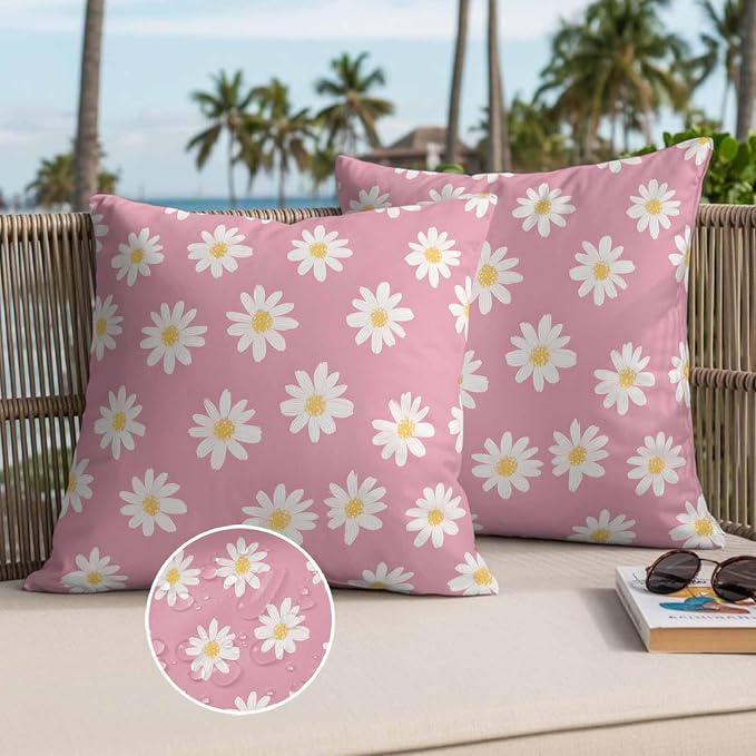Throw Pillow Covers 20x20 Inch Set of 2, White Pink Daisy Waterproof Outdoor Pillow Covers, Spring Summer Floral Farmhouse Decorative Cushion Pillowcases for Couch, Sofa, Bed, Garden, Patio