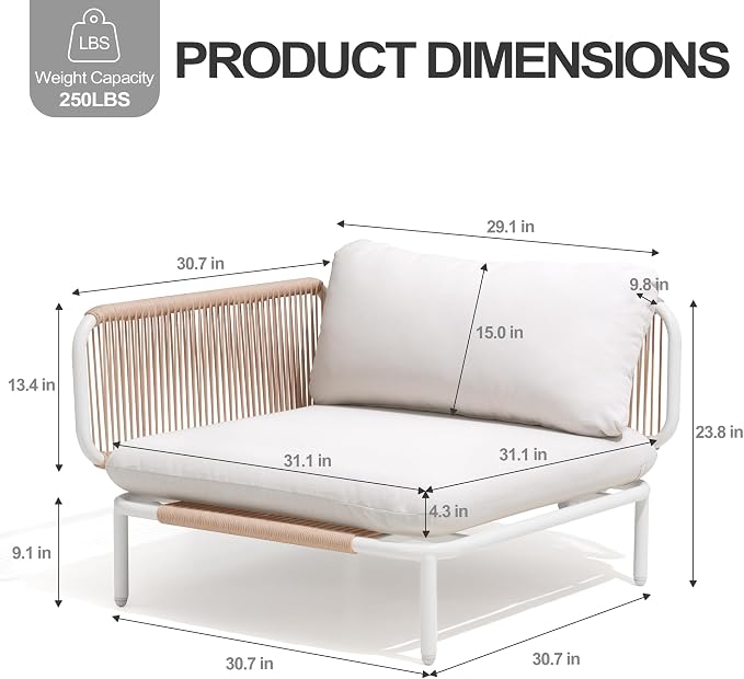 6 Piece Modern Outdoor Sectional Sofa, 31" Oversized Patio Furniture Set with Olefin Woven Rope, Weather-Resistant Metal Frame and Removable Cushion, Beige