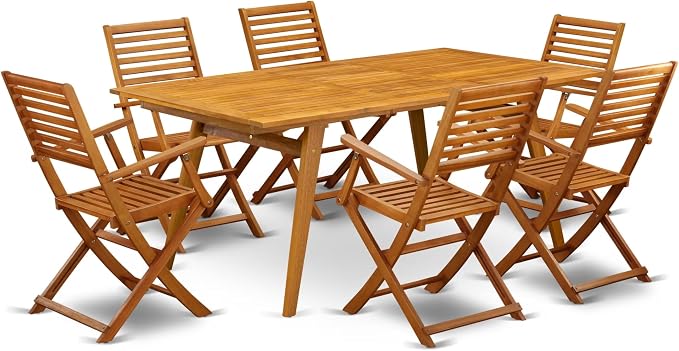 East West Furniture DEBS7CANA 7 Piece Patio Dining Set Consist of a Rectangle Outdoor Acacia Wood Table and 6 Folding Arm Chairs, 40x72 Inch, Natural Oil