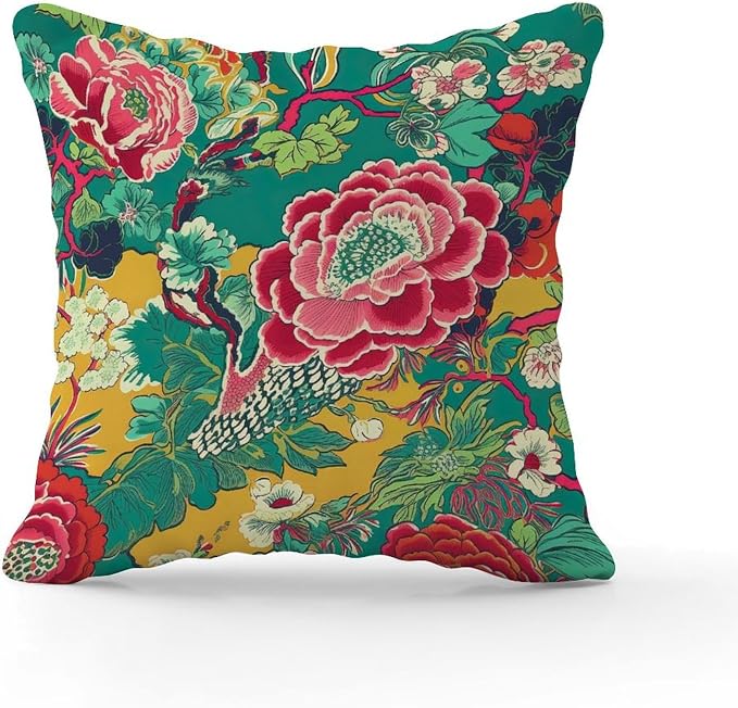 Chinoiserie Red Peony Floral Throw Pillow Covers Green and Pink Throw Pillow Cover Abstract Farmhouse Decor Pillow for Living Bed Room Patio Home 18x18 in