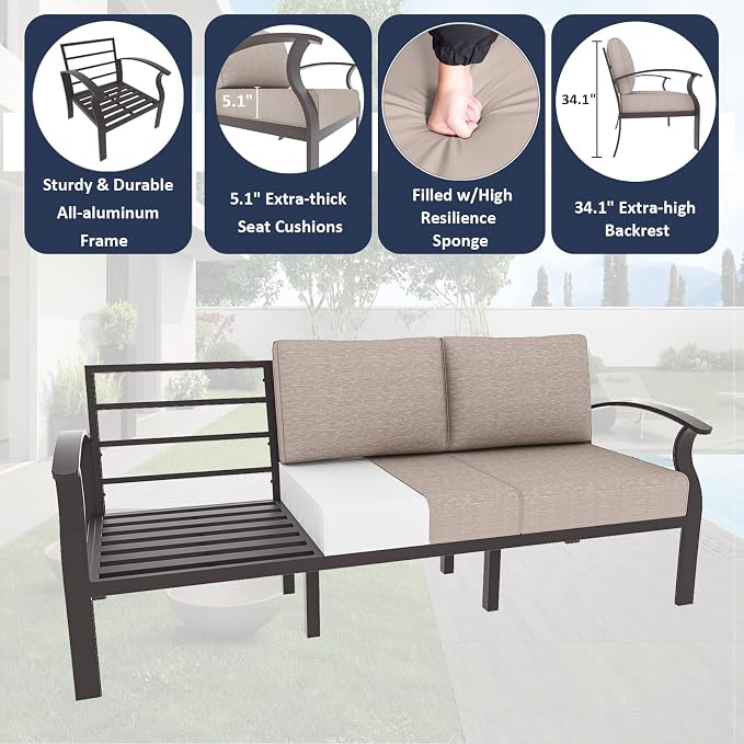 ALAULM Aluminum Patio Furniture Set with Propane Fire Pit Table 7-seat Metal Outdoor Furniture w/Swivel Chairs Patio Sectional Sofas w/2 Ottomans for Porch, Backyard, Poolside-Sand