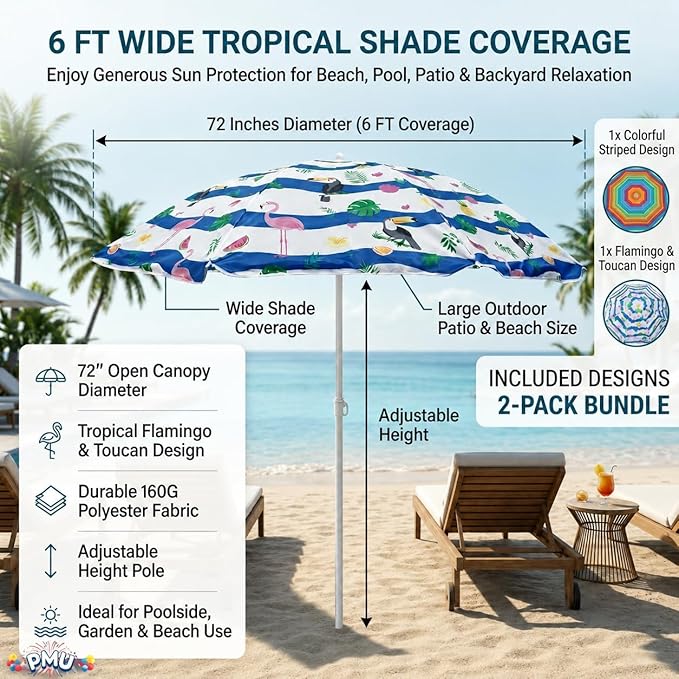 PMU 6 Pcs 6ft Tropical Beach Umbrella – Blue & White Stripes with Flamingo, Toucan & Leaf Print, 72in Open, 160G Polyester, Large Outdoor Patio Pool Parasol Umbrella for Garden, Deck, Backyard & Pool