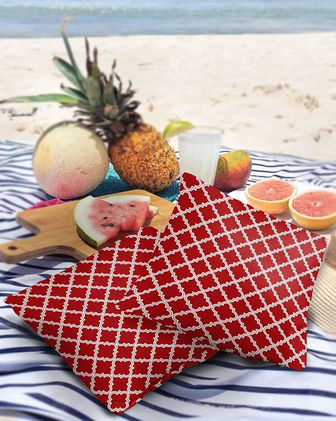 Outdoor Waterproof Pillow Covers for Patio Furniture Moroccan Pattern Decorative Throw Pillow Cover Geometric Trellis Red Pillowcases Set of 2 Cushion Case for Sofa Couch Chair Home Decor 16x16 inch