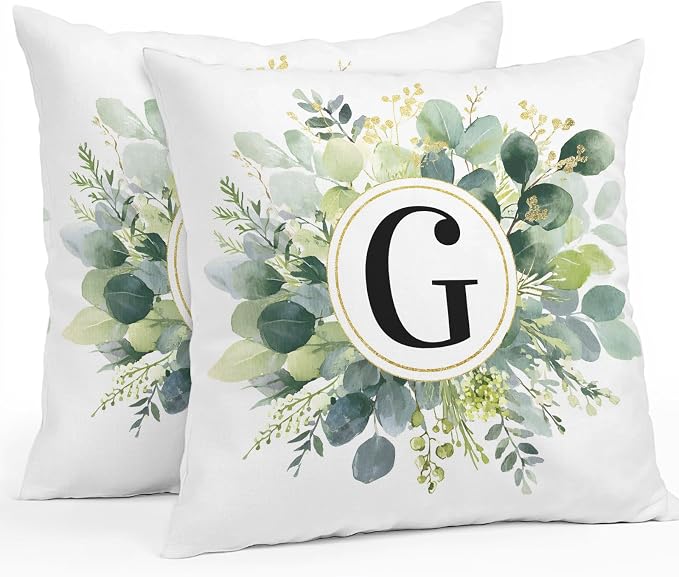Letter G Waterproof Outdoor Pillow Covers Set of 2 Home Decor, Alphabet Green Eucalyptus Leaves Lumbar Pillowcase Patio Pillow Covers for Couch Bench Patio Furniture Garden 20x20in