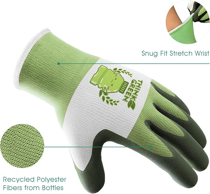 COOLJOB 2 Pairs Toddler Gardening Gloves for Boys Girls Age 2-4, Rubber Coated Small Children Kids Yard Work Gloves (Think Green XXS)