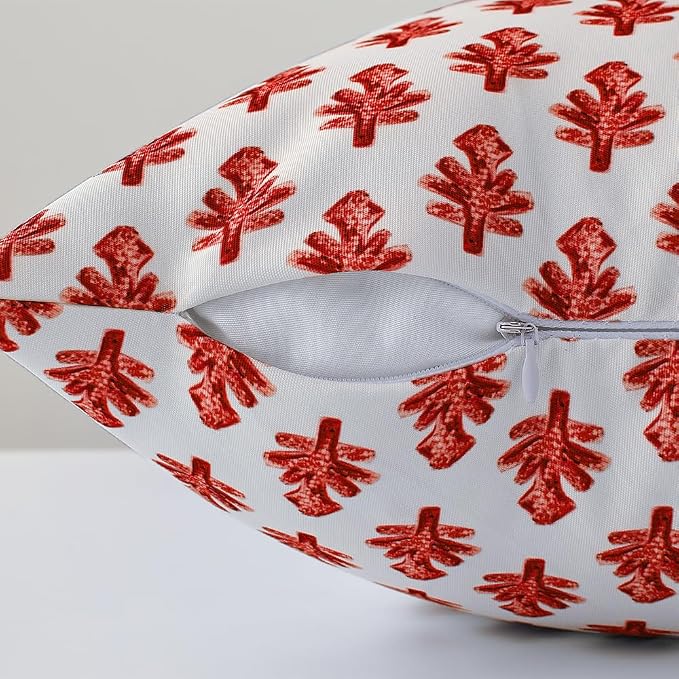 Outdoor Pillow Covers 18x18 Set of 2 Boho Red Floral Accent Print Decorative Throw Pillow Cases for Outdoor Waterproof Patio Furniture Garden Porch Sofa Bed Cushion Covers Home Decor JB005-J18