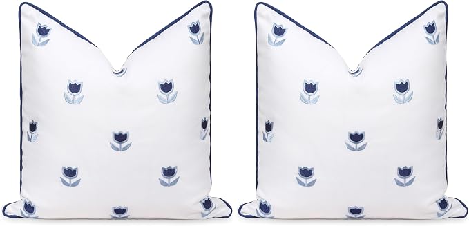 Hofdeco Premium Coastal Patio Indoor Outdoor Throw Pillow Cover Only, 20"x20" Water Repellent for Backyard, Couch, Navy Blue Embroidered Tulips Floral with Piping (Pack of 2)