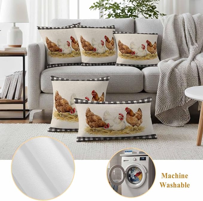 Farmhouse Rooster Outdoor Waterproof Pillow Covers, Farm Chicken Animals Retro Buffalo Plaid Decorative Square Throw Pillowcase Sofa Cushion Sham for Patio/Couch/Chair, 18"x18" 2 Pack