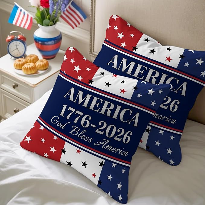 America 250th Anniversary Outdoor Pillow Covers 16"x16" Set of 2, God Bless America Patriotic Star Strip Waterproof Throw Pillow Covers for Patio Furniture, Decorative Cushion Covers for Porch
