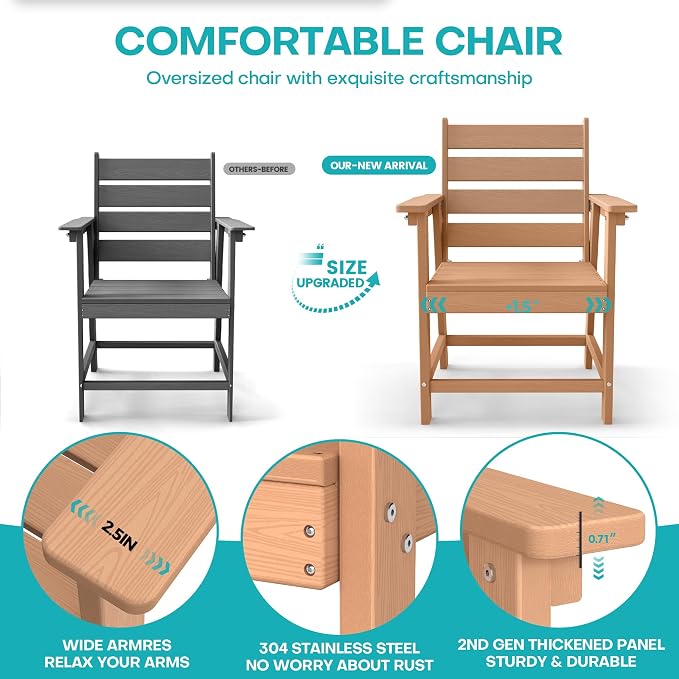 HDPE Dining Chair Set of 2, All-Weather Patio Dining Chair with Armrests, Wood Grain Texture, Heavy Duty Outdoor Furniture for Backyard, Garden.Cedar