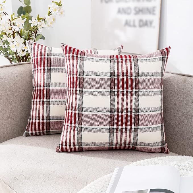 CARRIE HOME Red Christmas Tartan Plaid Pillow Covers 18x18 Set of 2 Farmhouse Buffalo Plaid Red Striped Throw Pillow Cover for Living Room Couch Sofa