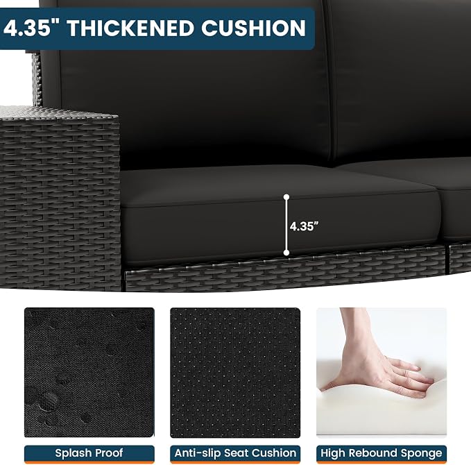 5 Piece Patio Furniture Set with Fire Pit Table, Outdoor Sectional Conversation Sets Black Wicker Rattan Sectional Sofa for Patio Garden Backyard, 4'' Thickened Cushion Black