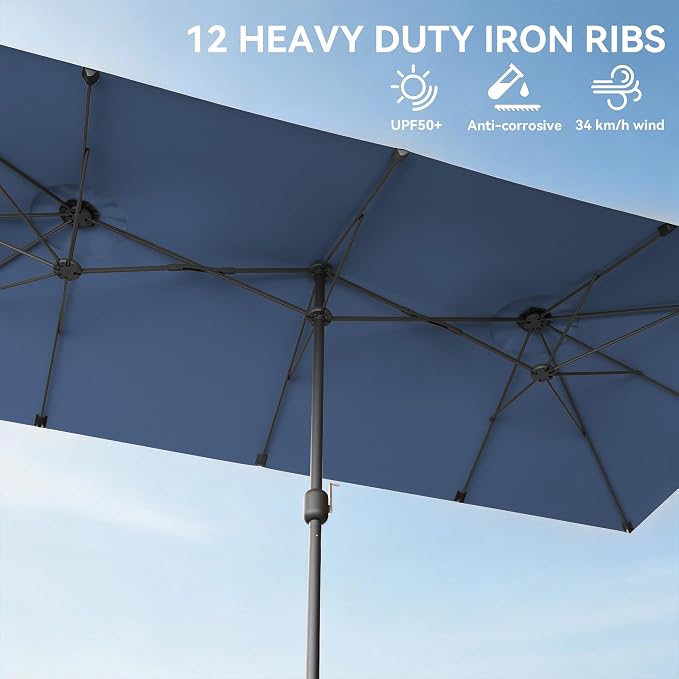 8 PCS Outdoor Patio Dining Set with 13.6ft Double-Sided Patio Umbrella,Patio Table and Chairs Metal Outdoor Patio Furniture Set,Dining Table Set with 6 Swivel Chairs,Navy Blue