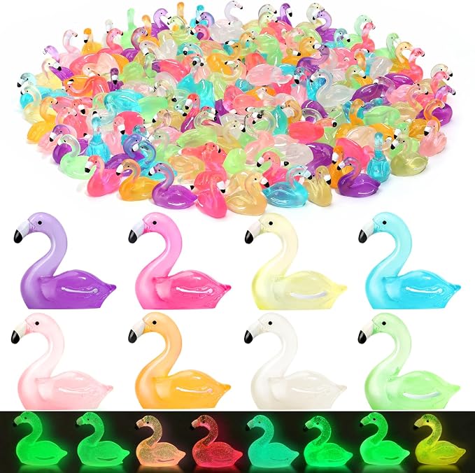 32pcs Luminous Large Mini Resin Flamingo Ducks 8 Colors Glow in The Dark Tiny Small Little Resin Flamingo to Hide Plastic Animal Figures for Micro Fairy Garden Landscape Dollhouse Aquarium Decorations