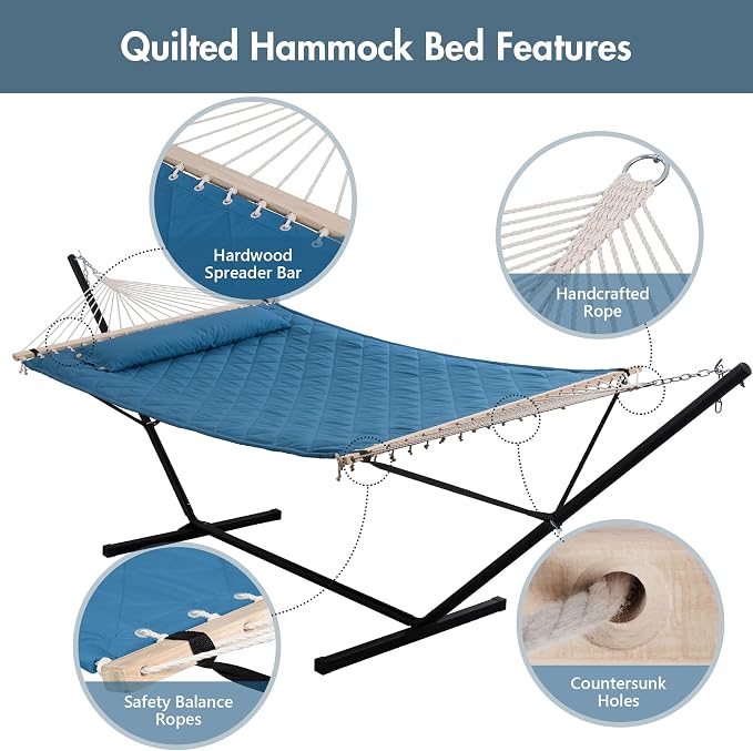 ANOW Double Hammock with 12 Feet Heavy Duty Steel Stand Combo, 2 Person Quilted Hammock with Stand for Outside, 450 LBS Weight Capacity, Blue