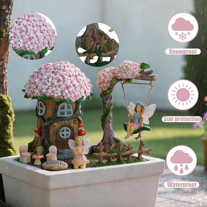 Miniature 8 Pcs Mini Garden Furniture, Fairy Garden Accessories Kit, Resin Figurines with Swing Set, Whimsical Theme, for Outdoor Patio, Yard, Lawn, or Desk