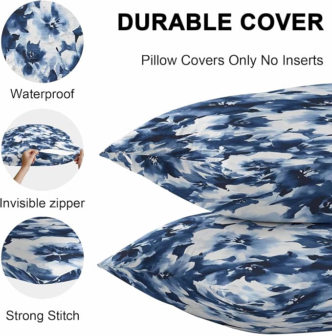 Abstract Watercolor Flower Art Outdoor Pillow Covers Set of 2,Decorative Waterproof Throw Pillow Case, Natural Blue White Floral Cotton Linen Soft Cozy Cushion Pillowcases