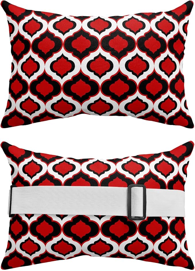 Outdoor Pillows Covers with Inserts Red and Black Moroccan Pattern Geometric Waterproof Recliner Pillow with Adjustable Strap Throw Pillows for Patio Furniture Pool Lounge Chair, 11x16 inch, 2PCS